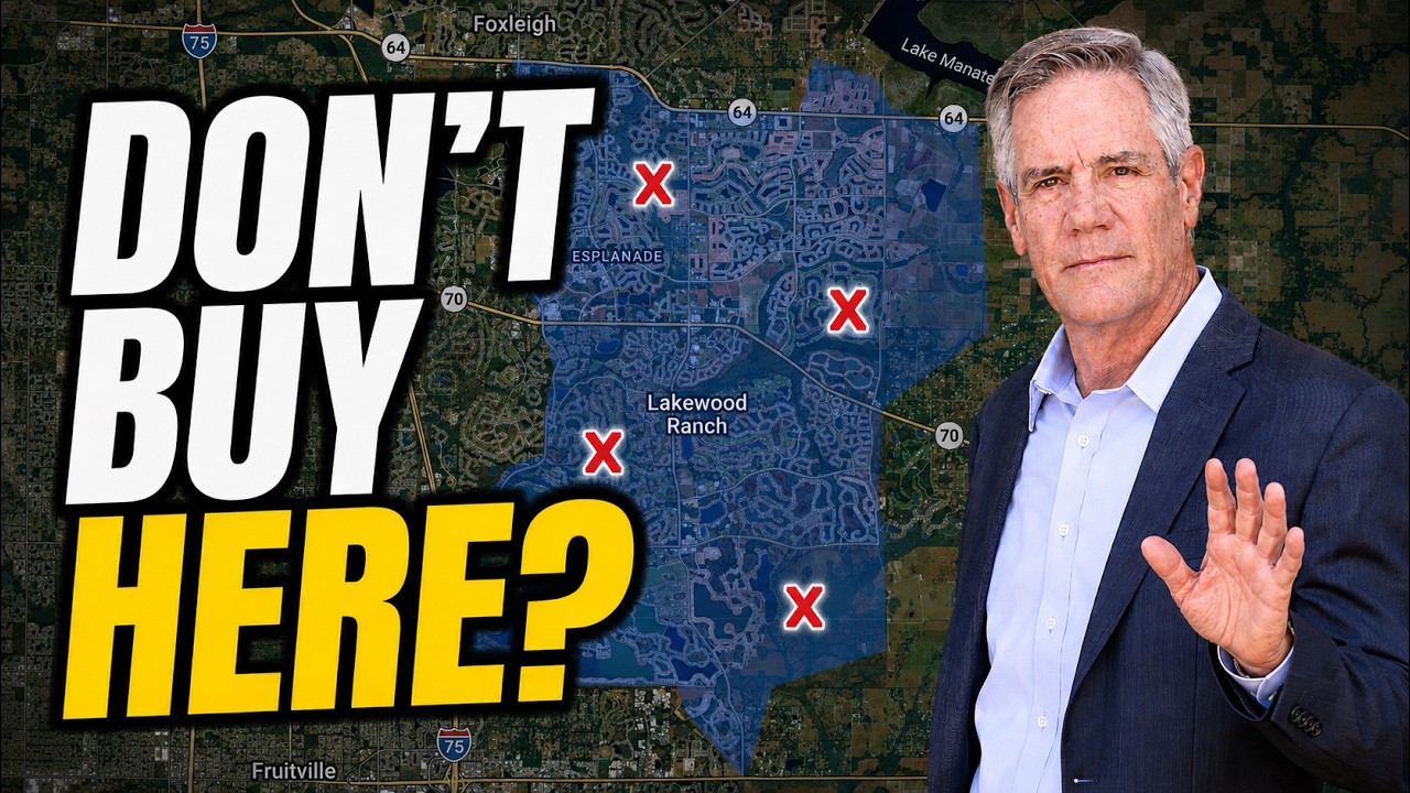 Map of Lakewood Ranch highlighting the four Lakewood Ranch locations to avoid, with Mark Boehmig pointing them out in his video